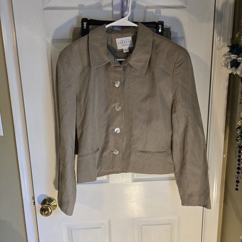 Vintage Express Tailleur Silk Linen Skirt Suit Set Taupe Tan Blazer Skirt 9/10